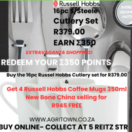Russel Hobbs 16pc S/Steele Cutlery Set/Get 4x Russel Hobbs Mugs selling @R940 FREE